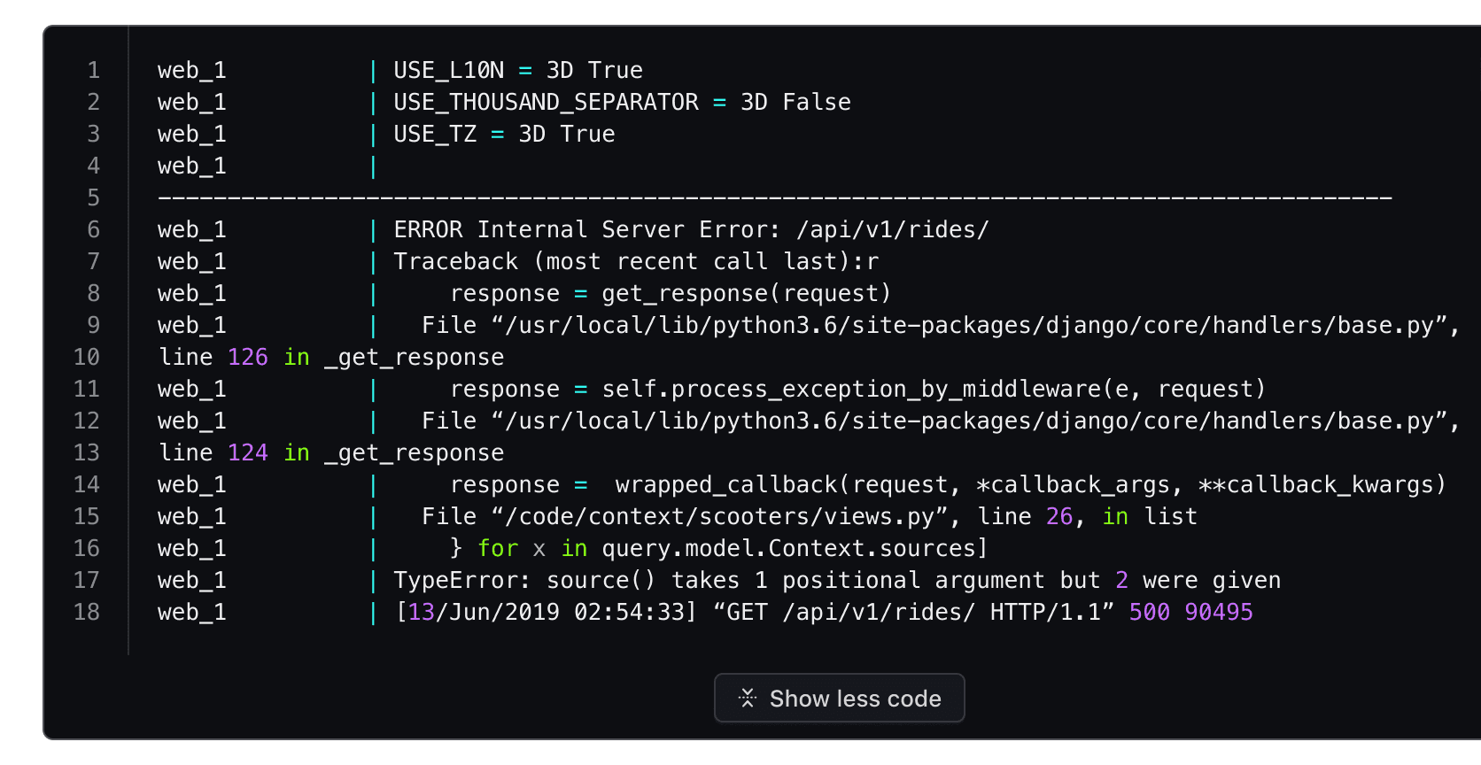 Expanded Code Block with all lines visible and a 'Show less code' button displayed at the bottom