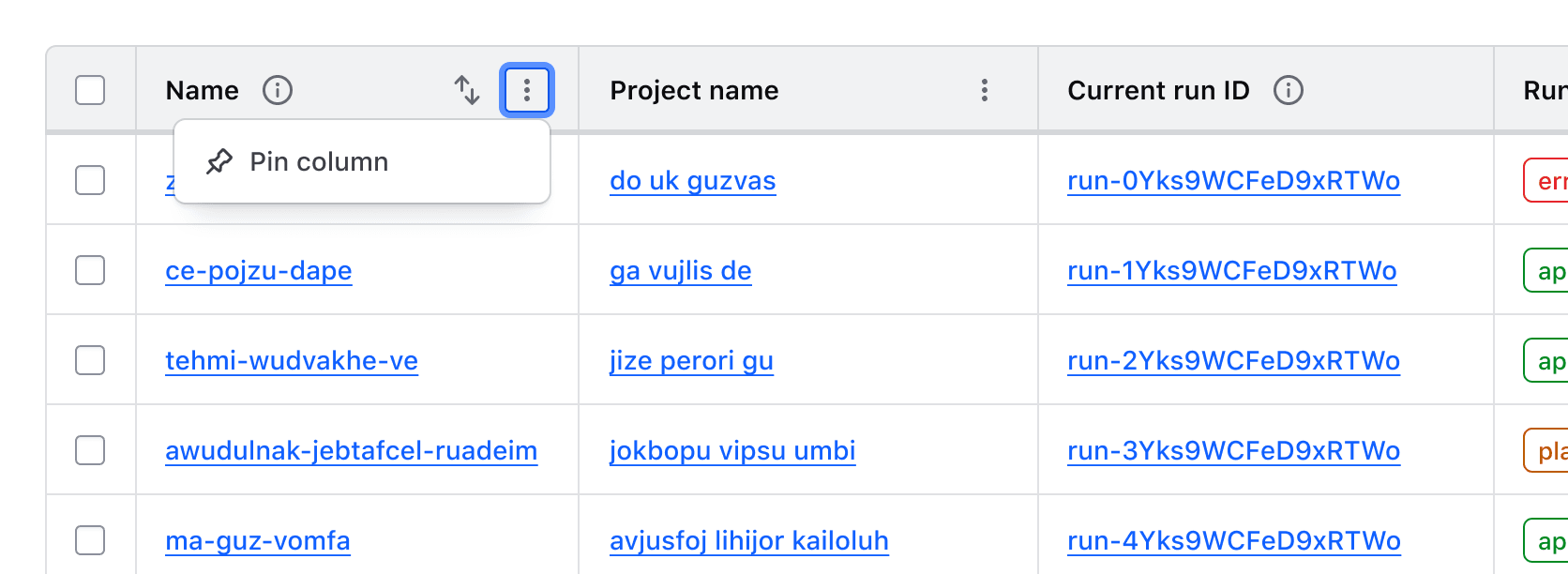 An Advanced Table with the context menu open and a single "Pin column" option
